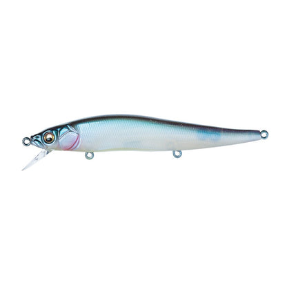 The Megabass Vision 110 Jerkbait, crafted by Megabass, showcases a realistic silver and blue gradient body accented by large lifelike eyes and a translucent plastic lip for effective diving. It is equipped with Katsuage Out-Barb Treble hooks, strategically placed along its underside and tail to enhance performance.