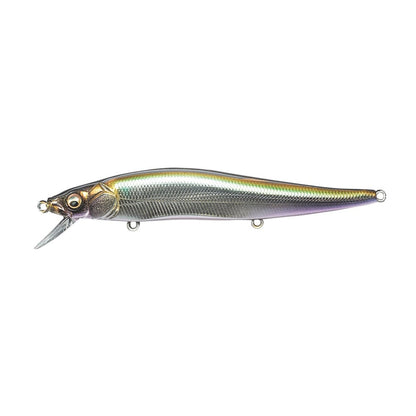 A Megabass Vision 110 Jerkbait, crafted by Megabass, showcases a fish-like form with a metallic, textured body and a small fin. Its striking blend of silver, gold, and purple colors catch the eye. This lure comes equipped with Katsuage Out-Barb Trebles on the underside and features a plastic lip at the front to ensure diving precision.