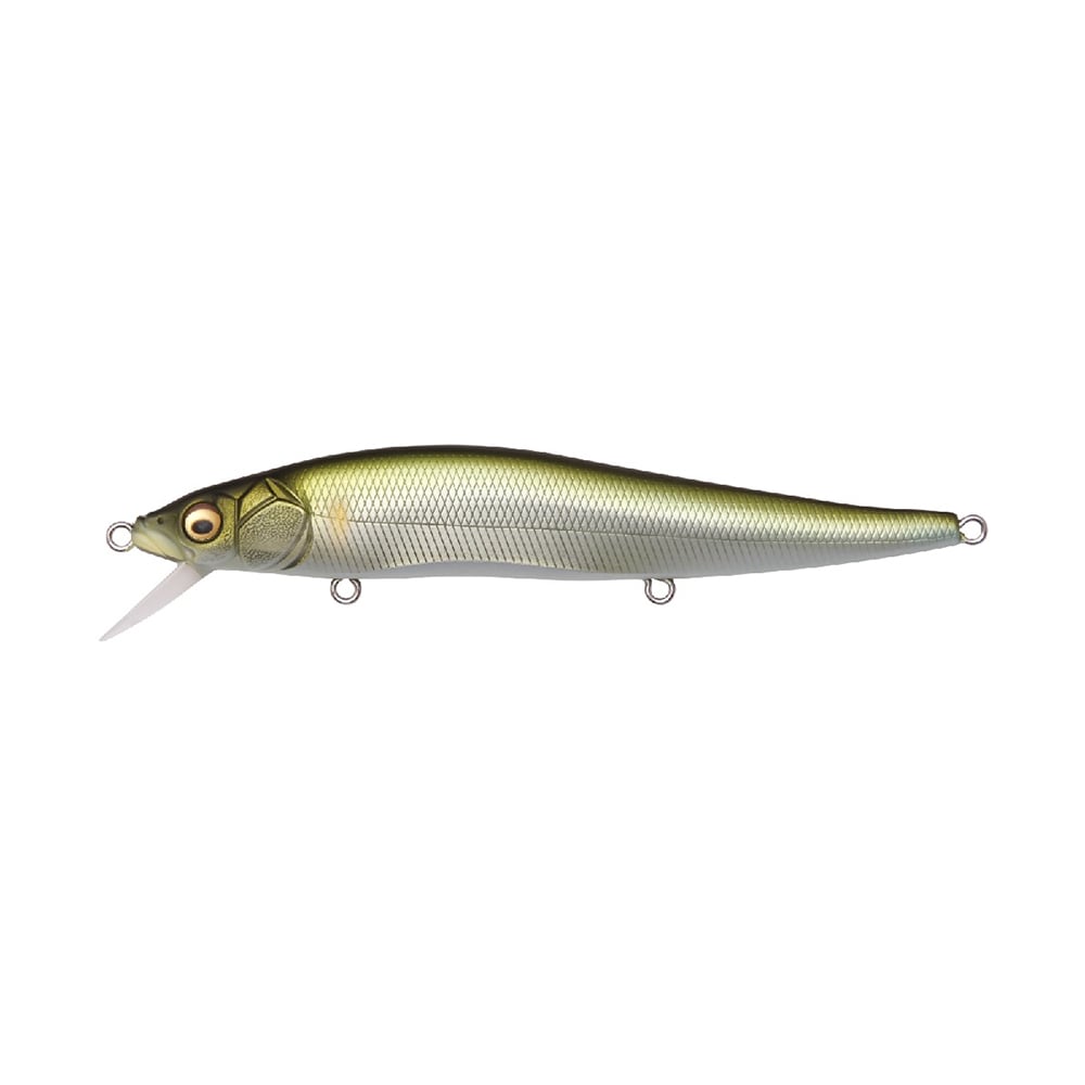 Discover the Megabass Vision 110 Jerkbait, a lifelike lure crafted by Megabass with an olive-green finish and shimmering silver scales. It boasts intricate eyes, a small transparent fin near its head, Katsuage Out-Barb Trebles, and metal rings at both ends for exceptional performance.