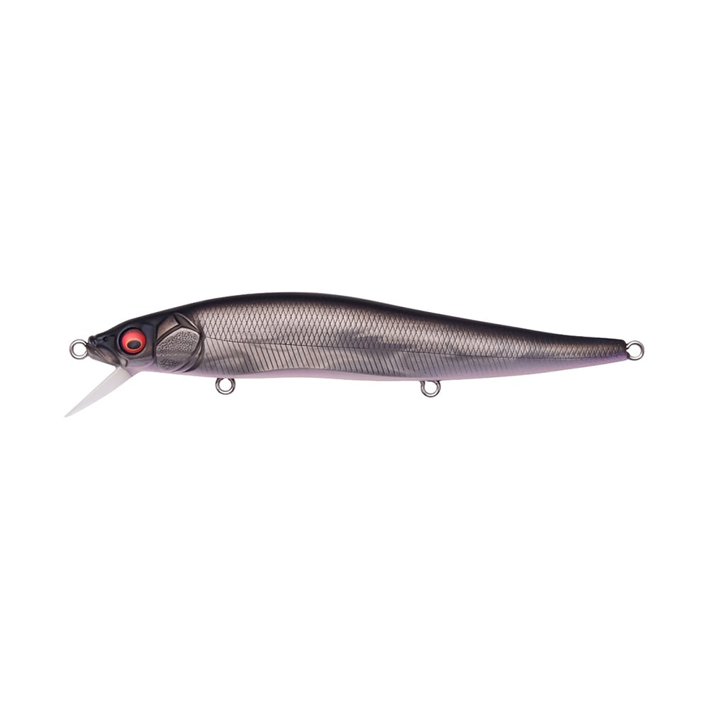 Explore the Megabass Vision 110 Jerkbait, a lifelike lure designed by Megabass with a sleek metallic gray body and vibrant red eye. It includes translucent fin-like details, multiple hooks, and Katsuage Out-Barb Trebles for exceptional catch performance.