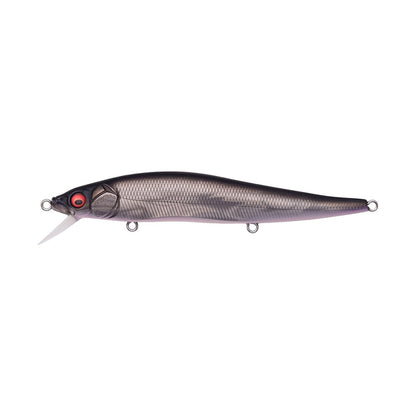 Explore the Megabass Vision 110 Jerkbait, a lifelike lure designed by Megabass with a sleek metallic gray body and vibrant red eye. It includes translucent fin-like details, multiple hooks, and Katsuage Out-Barb Trebles for exceptional catch performance.