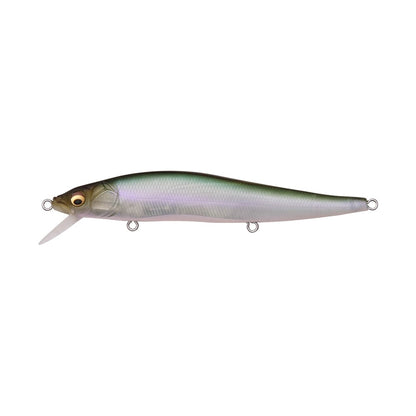 The Megabass Vision 110 Jerkbait by Megabass is constructed to closely resemble a fish, featuring a metallic finish and a small plastic lip at the front. Its design includes a streamlined body, pointed head, and three hook attachment rings along the belly for optimal performance.