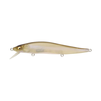 The Megabass Vision 110 Jerkbait by Megabass is an incredibly lifelike fishing lure designed to mimic a small fish. It features a slim, elongated body with a pale, translucent appearance and intricate details such as eyes and fins. With its Katsuage Out-Barb Trebles, this jerkbait is ideal for your next fishing adventure.