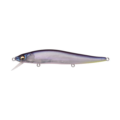 The Megabass Vision 110 Jerkbait, crafted by the Megabass brand, is a sleek fishing lure designed in realistic purple and silver colors. Its streamlined body includes three small attachment rings, Katsuage Out-Barb Trebles for optimal hooking, a shiny finish for added allure, and a small fin-like structure near the front to boost performance.