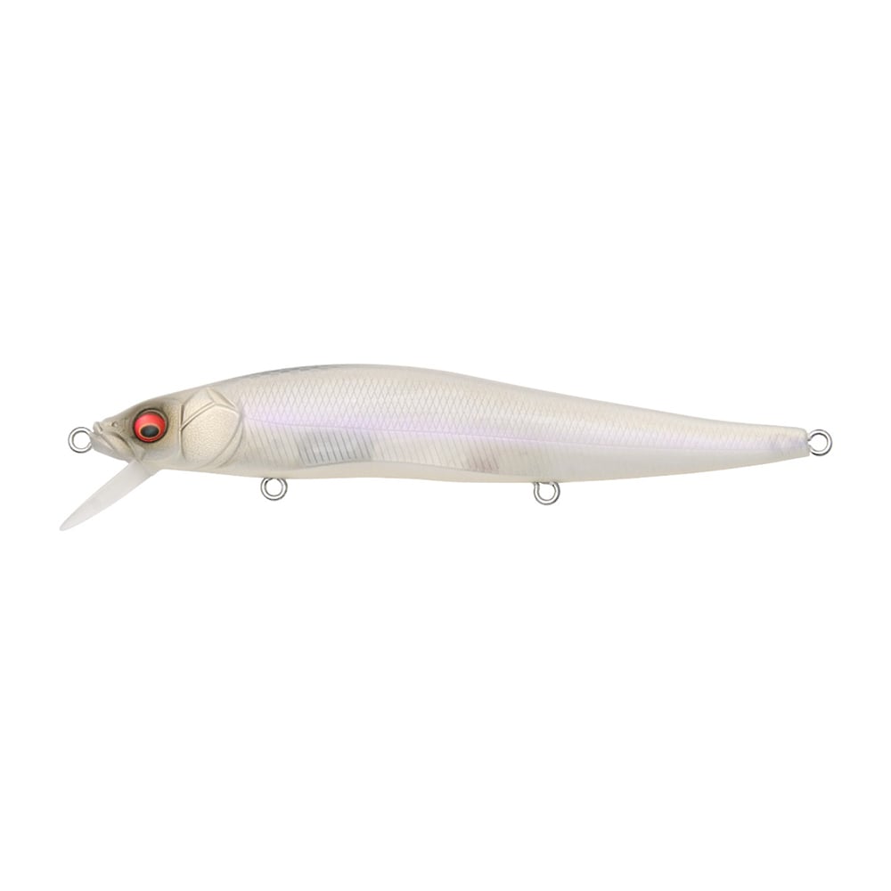 The Megabass Vision 110 Jerkbait, designed by Megabass, is a white and silver fishing lure with a sleek fish-like appearance, red eyes, and three small metal loops on its underside and head, ideal for anglers seeking precision.