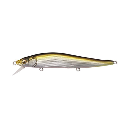 The image features the Megabass Vision 110 Jerkbait, a glimmering fishing lure crafted in a fish shape with a metallic body. It sports a diving plastic lip, realistic scales and eyes, and is equipped with three belly attachment points that hold Katsuage Out-Barb Trebles. This lure beautifully transitions from silver to gold.