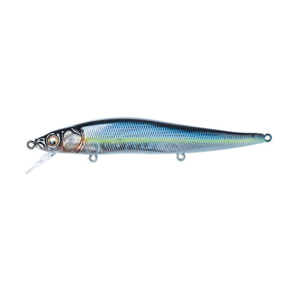 The Megabass Vision 110 Jerkbait from Megabass is an exquisitely detailed fishing lure that mimics a fish with its metallic, long, slender body adorned in a gradient of blue and silver. It includes realistic eye details and utilizes Katsuage Out-Barb Trebles as its attachment points.