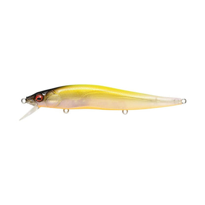 Presenting the Megabass Vision 110 Jerkbait: a lifelike yellow and silver fishing lure with striking red eyes and a small clear lip, expertly crafted to resemble a fish. Outfitted with Katsuage Out-Barb Trebles, this Megabass lure boasts multiple hook attachment points along its body to enhance your chances of making a successful catch.