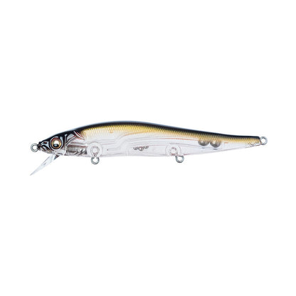 The Megabass Vision 110 Jerkbait by Megabass is a lifelike fishing lure designed to resemble a small fish. It features a metallic gold and black top, a clear body, and red eyes. Outfitted with Katsuage Out-Barb Treble hooks, it skillfully imitates prey to attract fish.