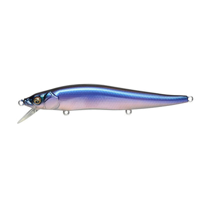 The Megabass Vision 110 Jerkbait, a glossy blue-purple lure by Megabass, is designed to resemble a real fish. Its pointed head, small fins, and several Katsuage Out-Barb Trebles are crafted into its streamlined body to attract game fish effectively while fishing.