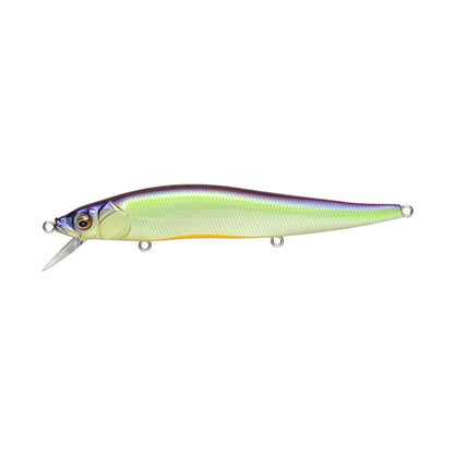 A vibrant lure from Megabass, the Vision 110 Jerkbait, showcases a sleek, fish-like design. Its top is purple and elegantly transitions into an iridescent light green and yellow underside. Equipped with Katsuage Out-Barb Trebles and a clear plastic lip for diving, it also features multiple attachment rings.