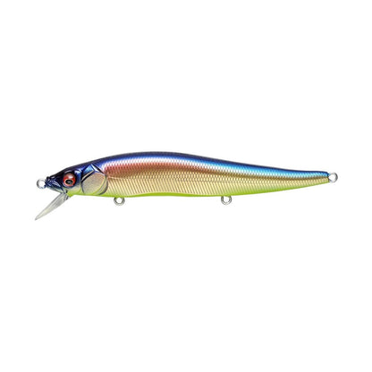 The Megabass Vision 110 Jerkbait fishing lure boasts a vibrant metallic finish in shades of blue, green, yellow, and red. It is designed with a detailed pattern, equipped with Katsuage Out-Barb Treble hooks, and includes a transparent fin-like structure near the head.