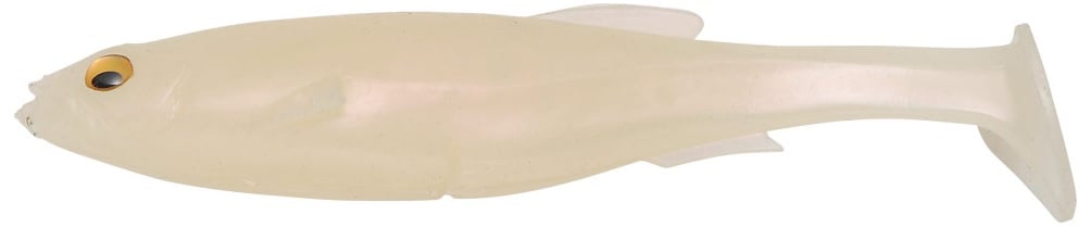 The Megabass Magdraft Swimbait by Megabass is a lifelike rubber fish lure that sports a light-colored body, a paddle tail, and a distinctive yellow and black eye. Its design ensures realistic swimming action to attract catches with expert finesse.