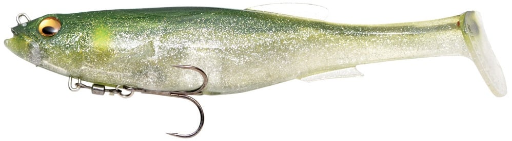 The Megabass Magdraft Swimbait by Megabass is a fish-shaped fishing lure in green and silver, designed with a hook underneath. Its glittery, scale-like finish and lifelike swimming action are expertly crafted to attract fish.