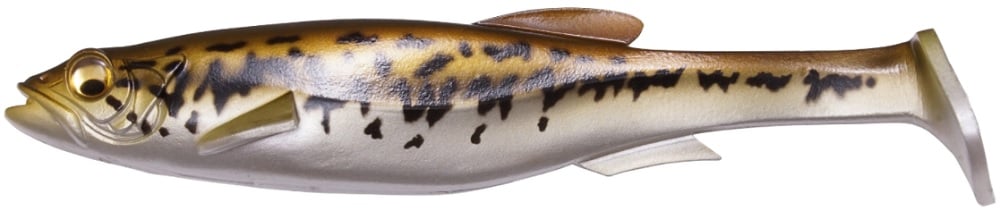 The Megabass Magdraft Swimbait by Megabass is designed to mimic a real fish, featuring a brown back with black spots and a white belly. It has a smooth, glossy finish with intricate fins and eyes, complemented by the MAG-HOLD SYSTEM for lifelike swimming movements.