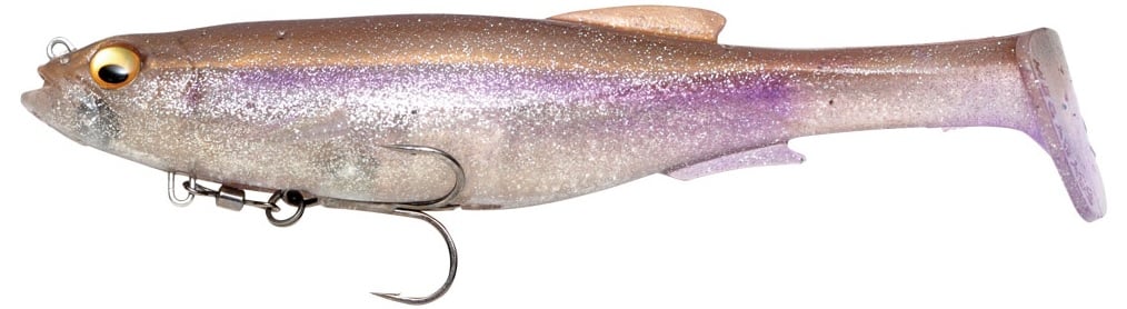 The Megabass Magdraft Swimbait, a lifelike fish-shaped fishing lure from Megabass, boasts a shiny, translucent body adorned with purple and brown hues and features a prominent hook located beneath its belly. With its authentic swimming motion, it effectively mimics the movement of live bait to attract your next big catch.