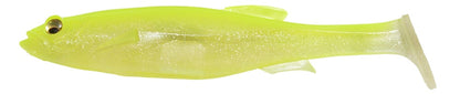 This vibrant yellow fishing lure from Megabass, known as the Magdraft Swimbait, showcases a shiny, translucent body with lifelike detailing and realistic swimming action.