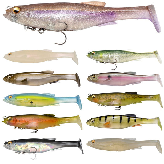 This assortment showcases eleven vibrant fishing lures, each crafted to resemble small fish with lifelike swimming movements. Available in diverse shades of green, brown, orange, and blue, these lures feature detailed patterns. Inspired by the Megabass Magdraft Swimbait from Megabass for improved performance.