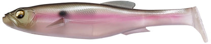 The Megabass Magdraft Swimbait by Megabass is designed with a shiny soft plastic body that mimics a small fish, complete with dark eyes, a metallic gold head, and a pink-tinted belly. It includes a dorsal fin and features realistic swimming action, enhanced by the MAG-HOLD SYSTEM to attract predatory fish.