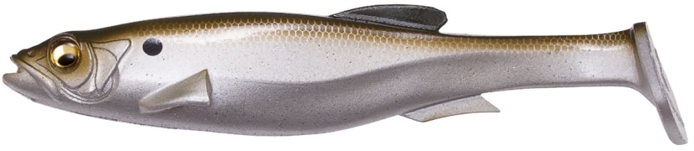 The Megabass Magdraft Swimbait by Megabass is a lifelike plastic fish lure, designed with a shimmering metallic brown top and a silvery white underside. It showcases intricate details such as scales, fins, and an eye spot near the head. The lure's MAG-HOLD SYSTEM delivers an authentic swimming motion that appeals to even the most cautious fish.