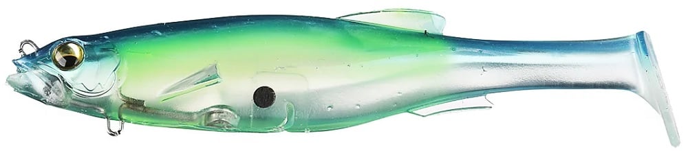 The Megabass Magdraft Swimbait, crafted by Megabass, is a lifelike multicolored fishing lure designed in the shape of a fish, displaying shades of blue, green, and silver. It incorporates the MAG-HOLD SYSTEM and features a detailed eye to guarantee realistic swimming action that effectively entices fish.