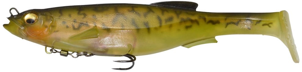 A close-up image of the Megabass Magdraft Swimbait, a green and brown fish-shaped fishing lure by Megabass, highlights its lifelike design with three hooks. Its body features a patterned surface to replicate natural fish scales and offers realistic swimming action with the added benefit of the MAG-HOLD SYSTEM.