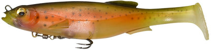 The Megabass Magdraft Swimbait, crafted by Megabass, is a lifelike fishing lure designed to resemble a fish, featuring vibrant orange and green hues with dark speckles. It includes a reflective eye, a detailed tail, and sturdy metal hooks on the underside. Its hyper-realistic swimming motion is further improved by the innovative MAG-HOLD SYSTEM.