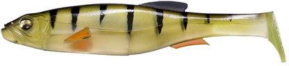 The Megabass Magdraft Swimbait, crafted by Megabass, is a lifelike fish-shaped lure boasting a yellow-green body adorned with black vertical stripes, orange fins, and a translucent tail. It features realistic eyes and intricate sculpting to enhance its authentic swimming action, further improved by the cutting-edge MAG-HOLD SYSTEM.