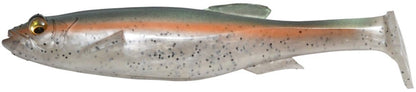 The Megabass Magdraft Swimbait, by Megabass, incorporates a fish-shaped lure design with a green back, orange stripe, and speckled body. Its shiny and reflective surface along with the translucent tail effectively imitates a small baitfish. Equipped with the MAG-HOLD SYSTEM, it delivers lifelike swimming action.