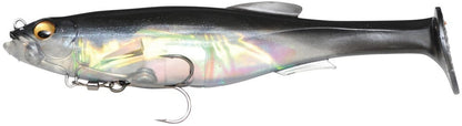 Close-up of a Megabass Magdraft Swimbait by Megabass, a lifelike fishing lure designed to resemble a fish with an iridescent finish. It incorporates the MAG-HOLD SYSTEM for improved stability and features a dark back, silvery sides, and translucent underbelly. The swimbait is equipped with a curved hook to enhance its realistic swimming motion.