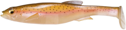 The Megabass Magdraft Swimbait, designed by Megabass, features a light brown and pinkish fish-shaped body speckled with black spots. It boasts a prominent eye and top fin, while its realistic swimming action is enhanced by the MAG-HOLD SYSTEM for lifelike movement in the water.