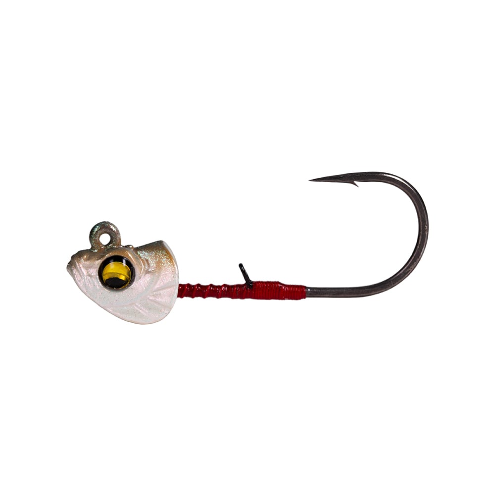 Discover the Megabass Okashira Head fishing jig by Megabass, featuring a hydrodynamic silver fish-shaped head, vivid yellow eye, sharp hook, and red shaft wrappings. Perfect for finesse swimbaits, it's engineered to glide smoothly and precisely through water.