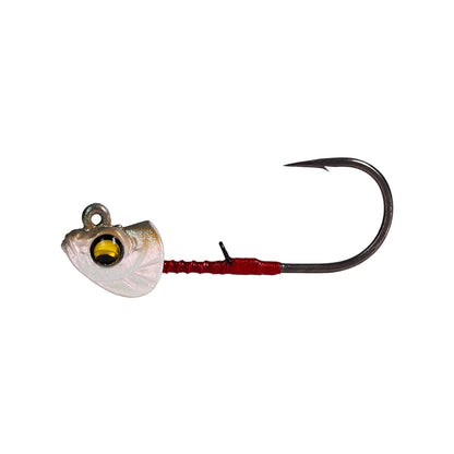 Discover the Megabass Okashira Head fishing jig by Megabass, featuring a hydrodynamic silver fish-shaped head, vivid yellow eye, sharp hook, and red shaft wrappings. Perfect for finesse swimbaits, it's engineered to glide smoothly and precisely through water.