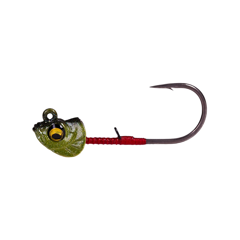 The Megabass Okashira Head fishing jig showcases a fish-shaped, green design with a large yellow eye. Its hydrodynamic form ensures smooth motion, while the metallic hook has a red wrapped section. This finesse swimbait expertly mimics small fish to attract ideal catches.