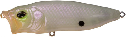 The Megabass PopMax, by Megabass, is a realistic fish-shaped lure with a glossy iridescent finish. It has a large eye, small rear black spot, and innovative gill system for enhanced water movement. Two metal loops provide secure line attachment while it mimics live bait effectively.