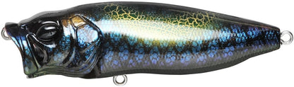 The Megabass PopMax by Megabass is a detailed, colorful topwater fishing lure with a metallic finish. It transitions from dark on top to blue and green with gold hints. Its fishlike shape, visible eye, two hooks, and innovative gill system ensure an enticing presentation.