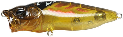 A detailed image of the Megabass PopMax fishing lure shows its yellow and brown body, black head, open mouth, realistic eye, shiny finish with pink accents, and intricate gill system. It resembles a small fish with two metal loops for line attachment.