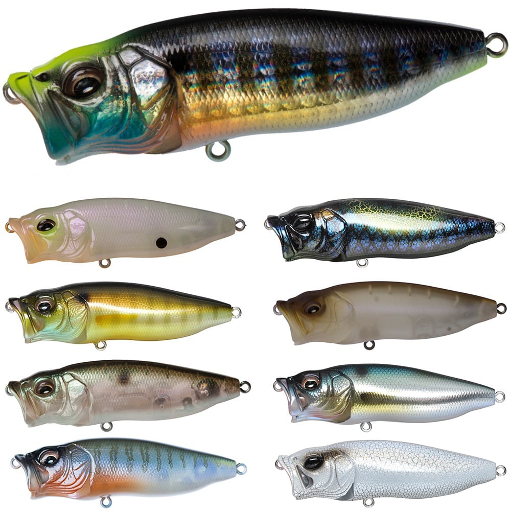 Image showcasing nine fishing lures, including the Megabass PopMax by Megabass, in metallic and natural colors. Each fish-like design boasts realistic details like fins and eyes with hues of black, green, silver, and white.