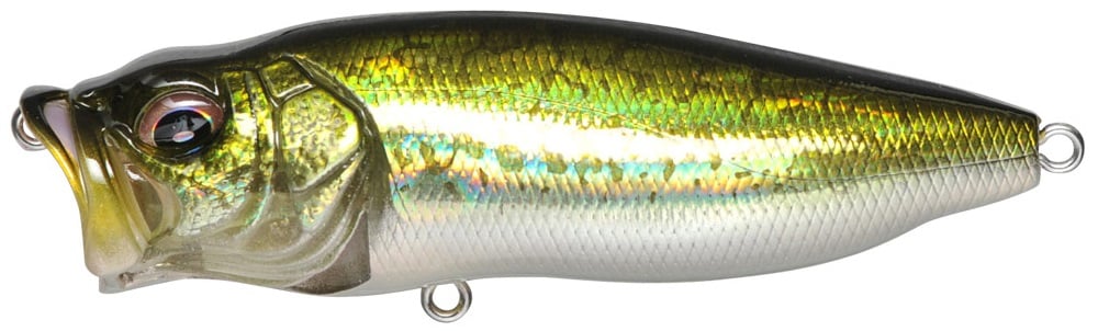 The Megabass PopMax, a shiny metallic fish-shaped lure, boasts a lifelike design with gold-green on top that fades to lighter shades on the sides and belly. As a topwater lure, it includes a gill system and hooks at both ends.