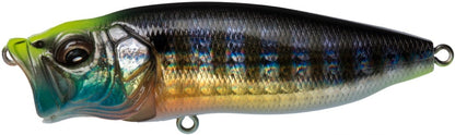 The Megabass PopMax is a vibrant topwater lure that mimics a small fish, featuring a green and yellow head with iridescent scales, a metallic finish, detailed eyes, fins, and an innovative gill system for realism. It includes metal rings for fishing hooks.