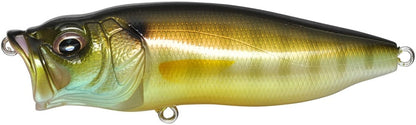 The Megabass PopMax lure has a realistic fish shape, a shiny surface, and detailed eyes. Its gradient colors transition from dark green to golden yellow and light beige. Designed for topwater action, it includes a lifelike gill system to boost attraction.