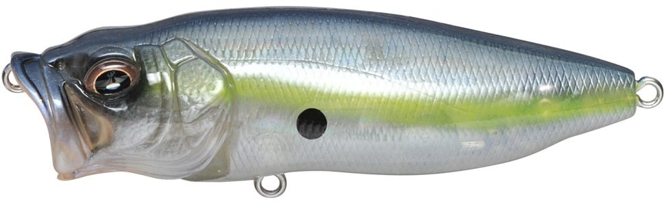 The Megabass PopMax, by Megabass, is a multicolored topwater lure with a glossy silver body, dark top, green-yellow side accents, a large detailed eye, and hollow mouth. Its attachment loops at both ends make it ideal for attracting catches.