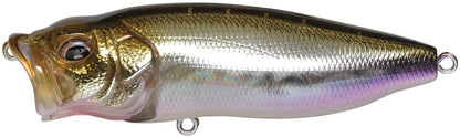 The Megabass PopMax is a topwater fishing lure with a multicolored, shiny fish design featuring a gold metallic top, silver and purple hues below, detailed eyes, and attachment hooks on both ends. Its innovative gill system enhances its water allure.