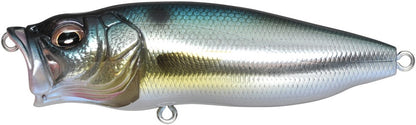 The Megabass PopMax is a topwater fishing lure mimicking a small fish with silver, yellow, and blue hues. It features a detailed eye, an innovative gill system, and hook loops on the front and underside for optimal catch potential.