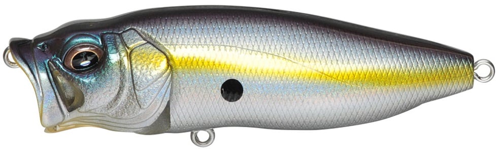 The Megabass PopMax is a realistic metallic topwater lure with large eyes, shiny scales, and a silver-gold-dark gray gradient. It features a unique gill system for enhanced water flow, attachment loops at the front and back, and a distinctive black spot on its side.