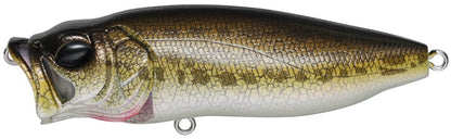 The Megabass PopMax fishing lure by Megabass mimics a real fish with its brown and yellow top, white underbelly, large black eye, and textured scales. Its innovative gill system boosts performance, making it ideal for your fishing line!.