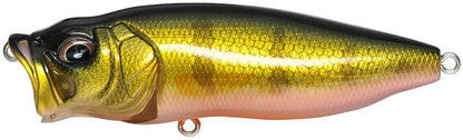 The Megabass PopMax by Megabass is a lifelike, colorful topwater lure with a shiny golden and olive green body, textured scales, a pink underbelly, large detailed eyes, an innovative gill system for attraction, and three attachment loops for hooks.