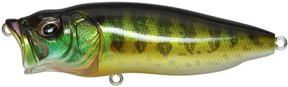 The Megabass PopMax is a realistic topwater lure with a glossy green and yellow finish, black spots, and metal loops on both ends. Its innovative gill system enhances water movement, inspired by the elegant design of the Megabass brand.