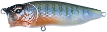 Designed to imitate a fish, the Megabass PopMax from Megabass is a vibrant topwater lure with detailed scales and a gradient of dark blue, green, and orange. It features a gill system for added realism and comes with metal rings for hooking.