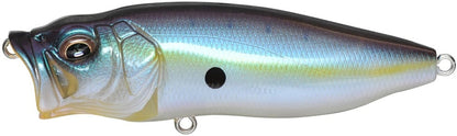 The Megabass PopMax fishing lure, from the brand Megabass, boasts a lifelike fish face with an innovative gill system and features a shimmering iridescent blend of blue, silver, and yellow. It also includes attachment loops for your fishing line at both the top and bottom.